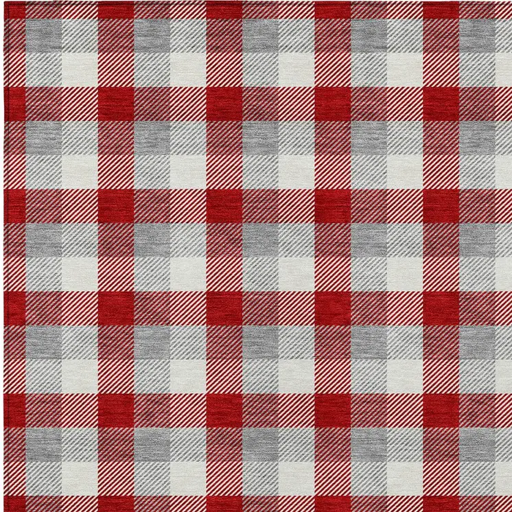 5' X 8' Red Gray And Beige Plaid Washable Indoor Outdoor Area Rug