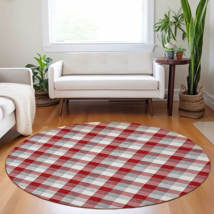 8' Red Gray And Beige Round Plaid Washable Indoor Outdoor Area Rug