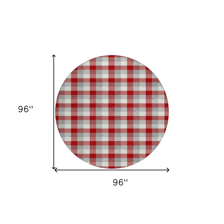 8' Red Gray And Beige Round Plaid Washable Indoor Outdoor Area Rug