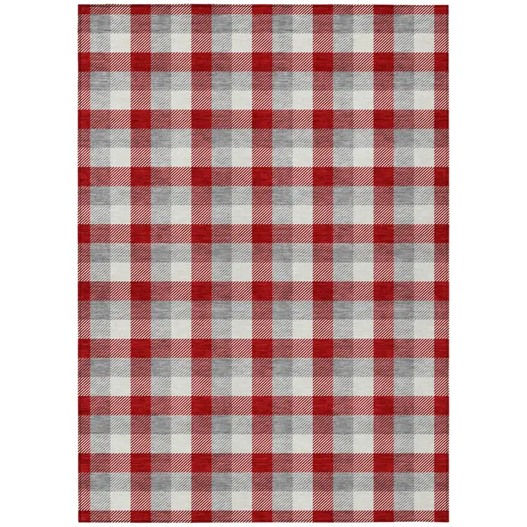 8' X 10' Red Gray And Beige Plaid Washable Indoor Outdoor Area Rug