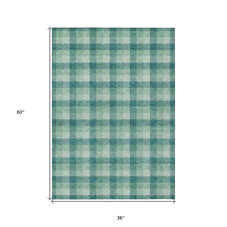 3' X 5' Blue And Green Plaid Washable Indoor Outdoor Area Rug