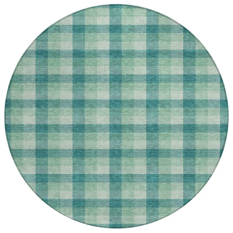 8' Blue And Green Round Plaid Washable Indoor Outdoor Area Rug