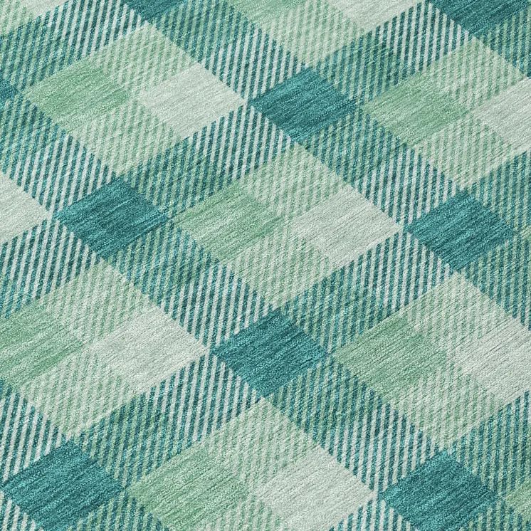8' Blue And Green Round Plaid Washable Indoor Outdoor Area Rug