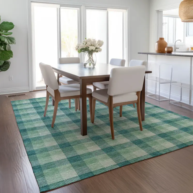 10' X 14' Blue And Green Plaid Washable Indoor Outdoor Area Rug