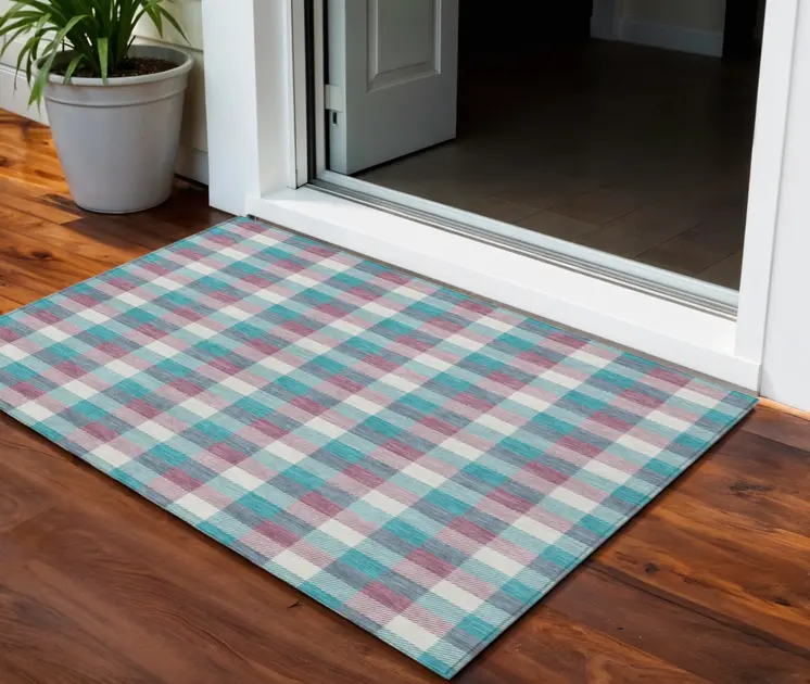 3' X 5' Teal Blue Purple And Beige Plaid Washable Indoor Outdoor Area Rug