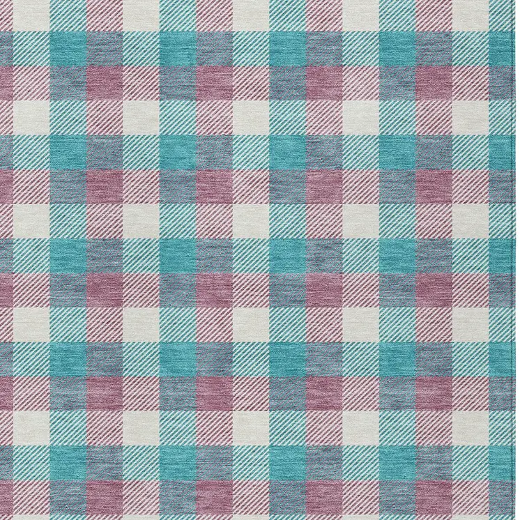 3' X 5' Teal Blue Purple And Beige Plaid Washable Indoor Outdoor Area Rug