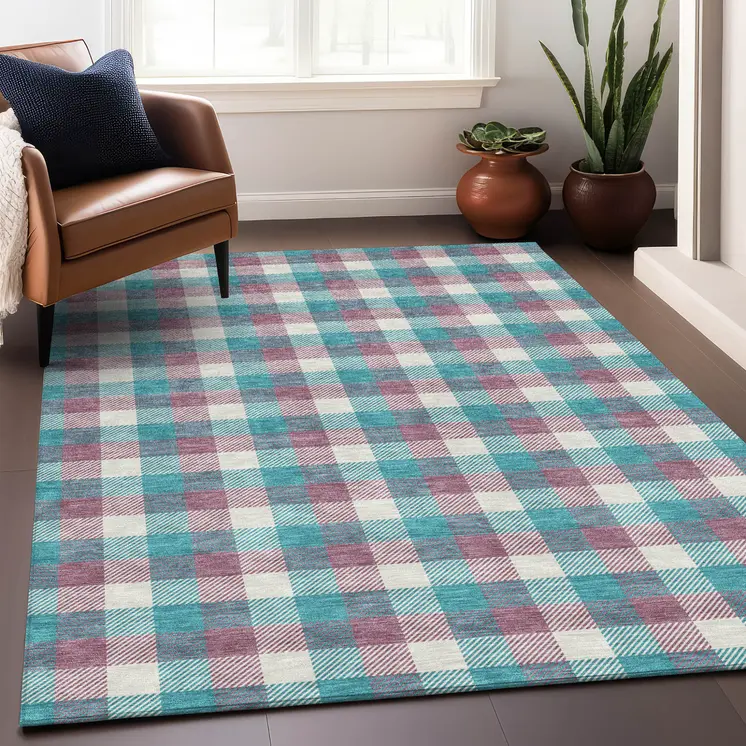 3' X 5' Teal Blue Purple And Beige Plaid Washable Indoor Outdoor Area Rug