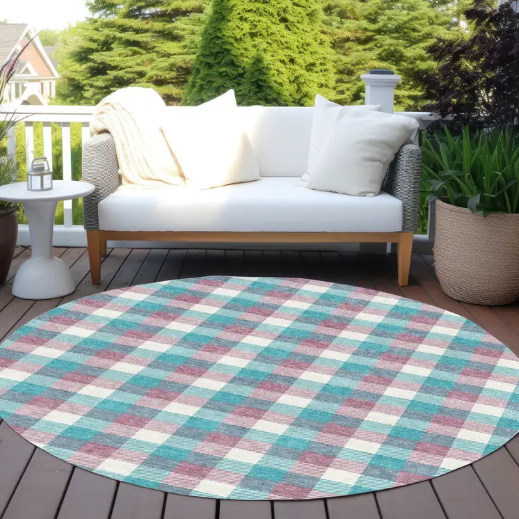 8' Teal Blue Purple And Beige Round Plaid Washable Indoor Outdoor Area Rug