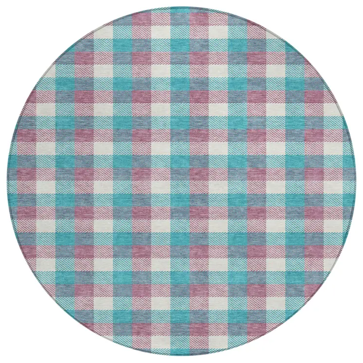 8' Teal Blue Purple And Beige Round Plaid Washable Indoor Outdoor Area Rug