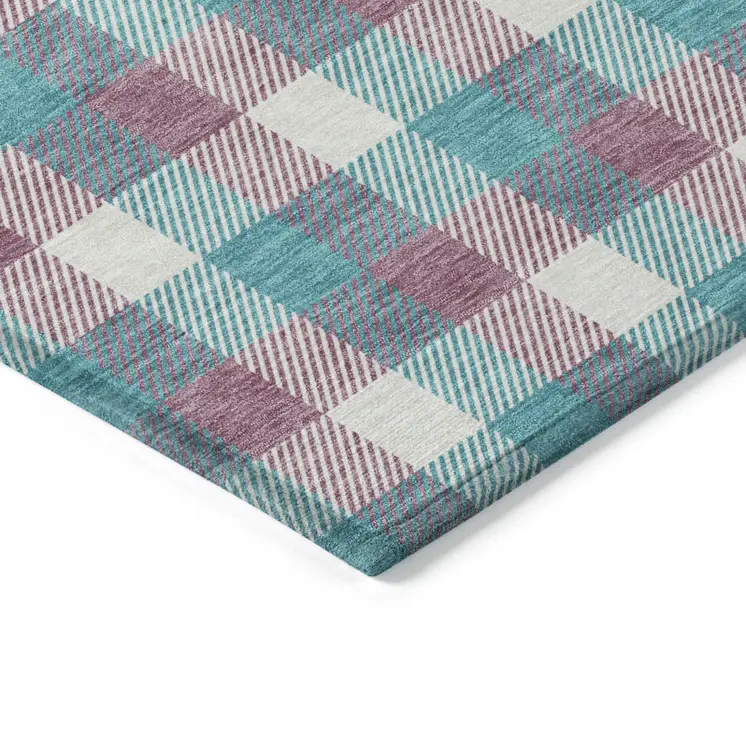 8' Teal Blue Purple And Beige Round Plaid Washable Indoor Outdoor Area Rug