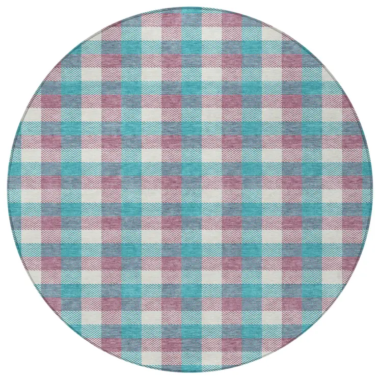 8' Teal Blue Purple And Beige Round Plaid Washable Indoor Outdoor Area Rug