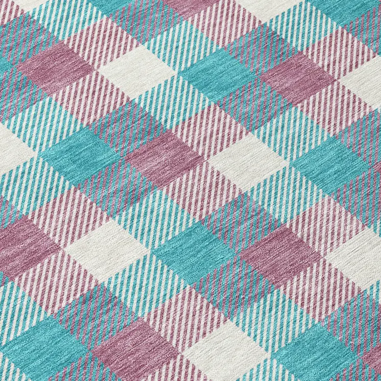 8' Teal Blue Purple And Beige Round Plaid Washable Indoor Outdoor Area Rug