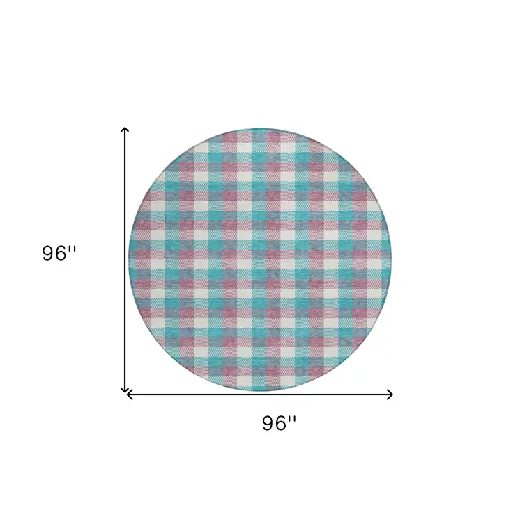 8' Teal Blue Purple And Beige Round Plaid Washable Indoor Outdoor Area Rug