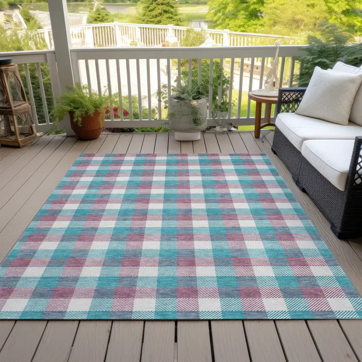 10' X 14' Teal Blue Purple And Beige Plaid Washable Indoor Outdoor Area Rug
