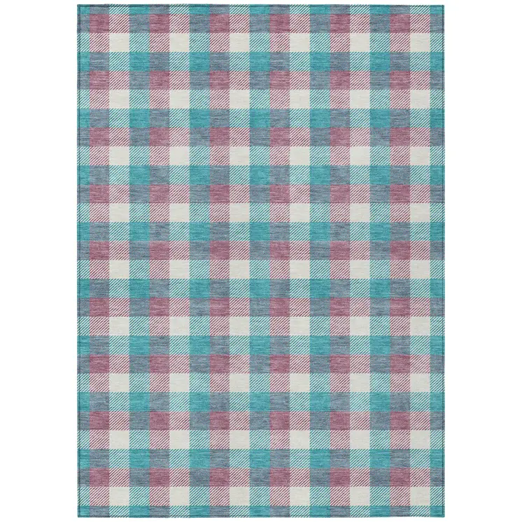 10' X 14' Teal Blue Purple And Beige Plaid Washable Indoor Outdoor Area Rug