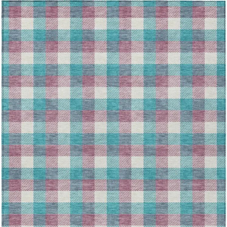 10' X 14' Teal Blue Purple And Beige Plaid Washable Indoor Outdoor Area Rug