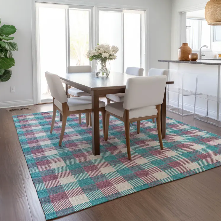 10' X 14' Teal Blue Purple And Beige Plaid Washable Indoor Outdoor Area Rug