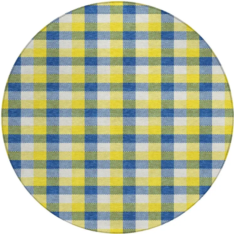 8' Yellow Blue And Beige Round Plaid Washable Indoor Outdoor Area Rug