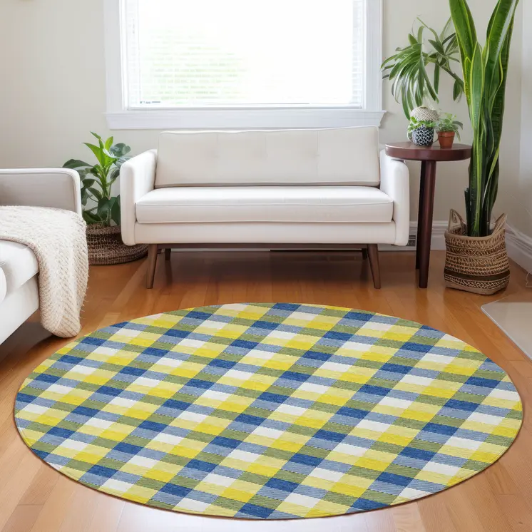 8' Yellow Blue And Beige Round Plaid Washable Indoor Outdoor Area Rug