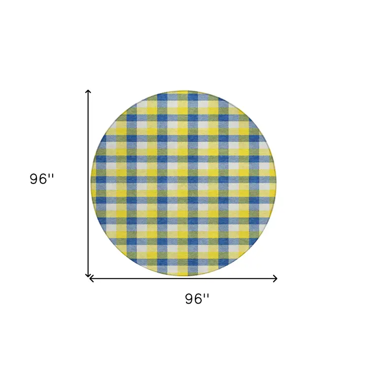 8' Yellow Blue And Beige Round Plaid Washable Indoor Outdoor Area Rug