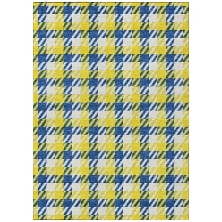 9' X 12' Yellow Blue And Beige Plaid Washable Indoor Outdoor Area Rug