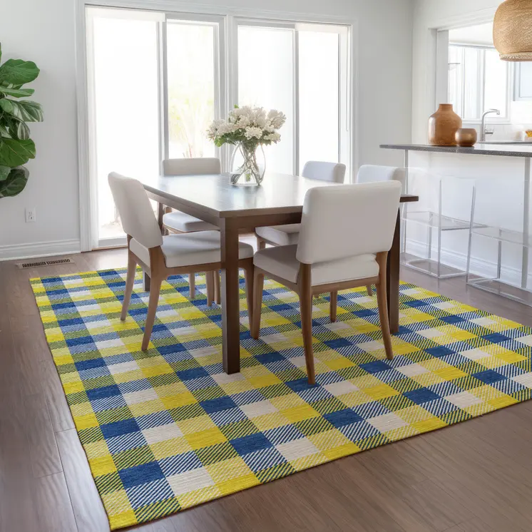 9' X 12' Yellow Blue And Beige Plaid Washable Indoor Outdoor Area Rug