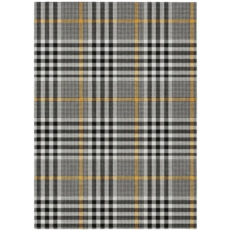 9' X 12' Black Gold And Ivory Plaid Washable Indoor Outdoor Area Rug