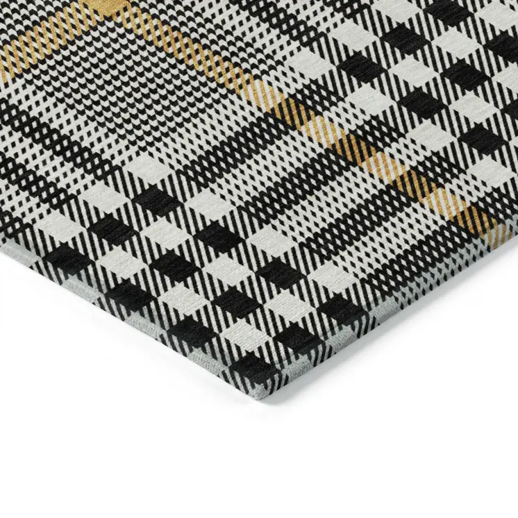 9' X 12' Black Gold And Ivory Plaid Washable Indoor Outdoor Area Rug