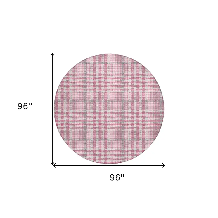 8' Blush Gray And Ivory Round Plaid Washable Indoor Outdoor Area Rug