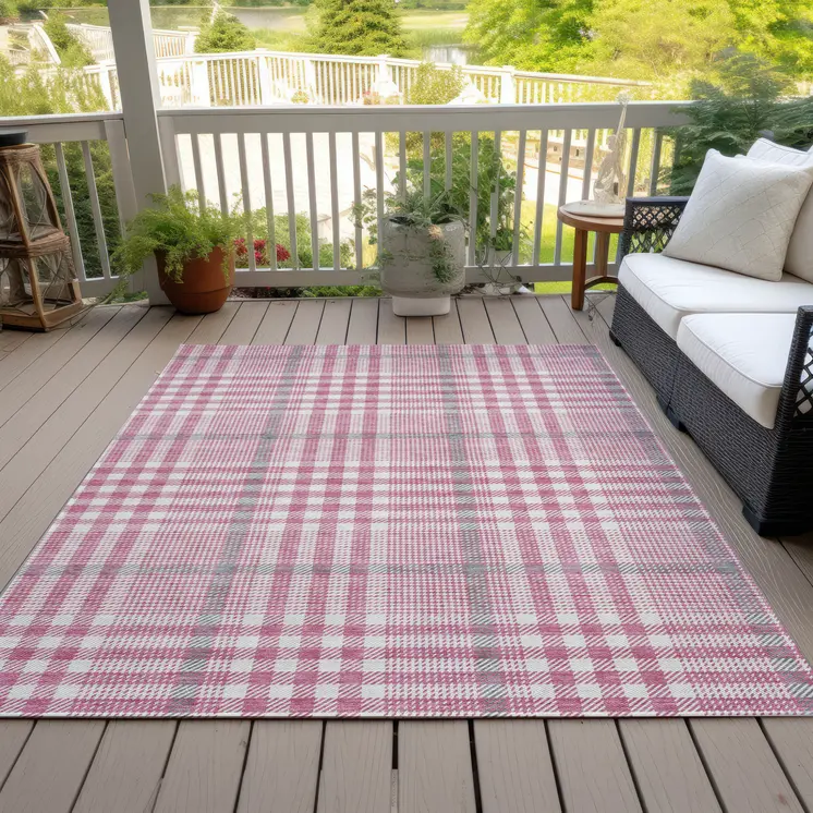 9' X 12' Blush Gray And Ivory Plaid Washable Indoor Outdoor Area Rug