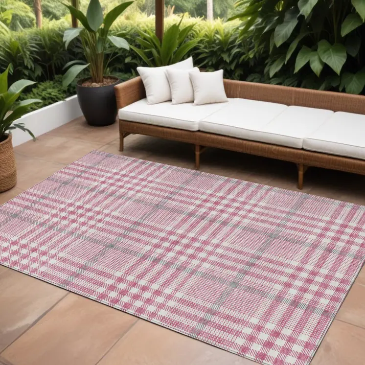 10' X 14' Blush Gray And Ivory Plaid Washable Indoor Outdoor Area Rug