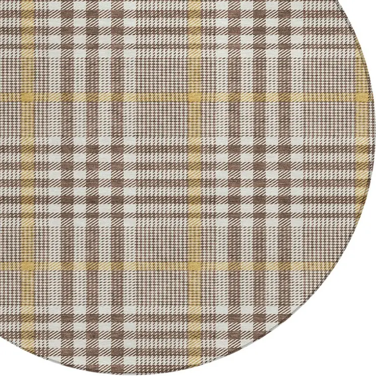 8' Brown And Beige Round Plaid Washable Indoor Outdoor Area Rug