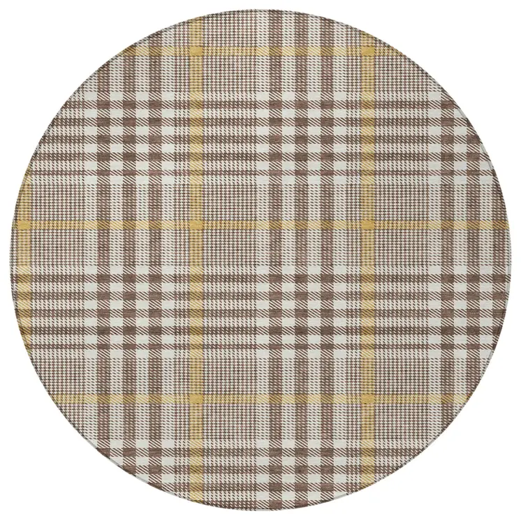 8' Brown And Beige Round Plaid Washable Indoor Outdoor Area Rug