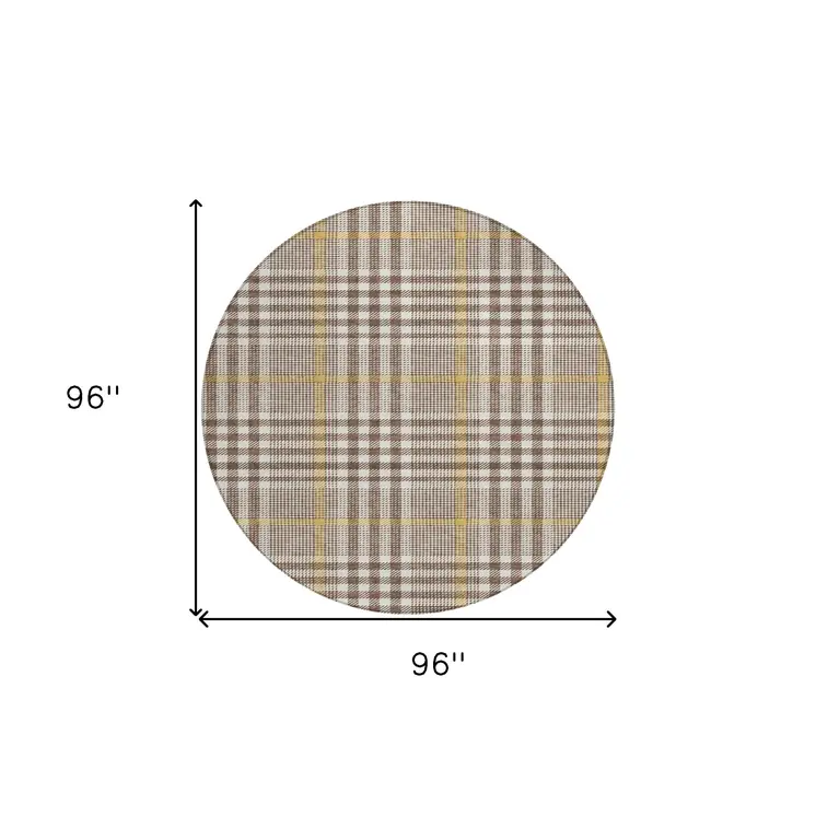8' Brown And Beige Round Plaid Washable Indoor Outdoor Area Rug