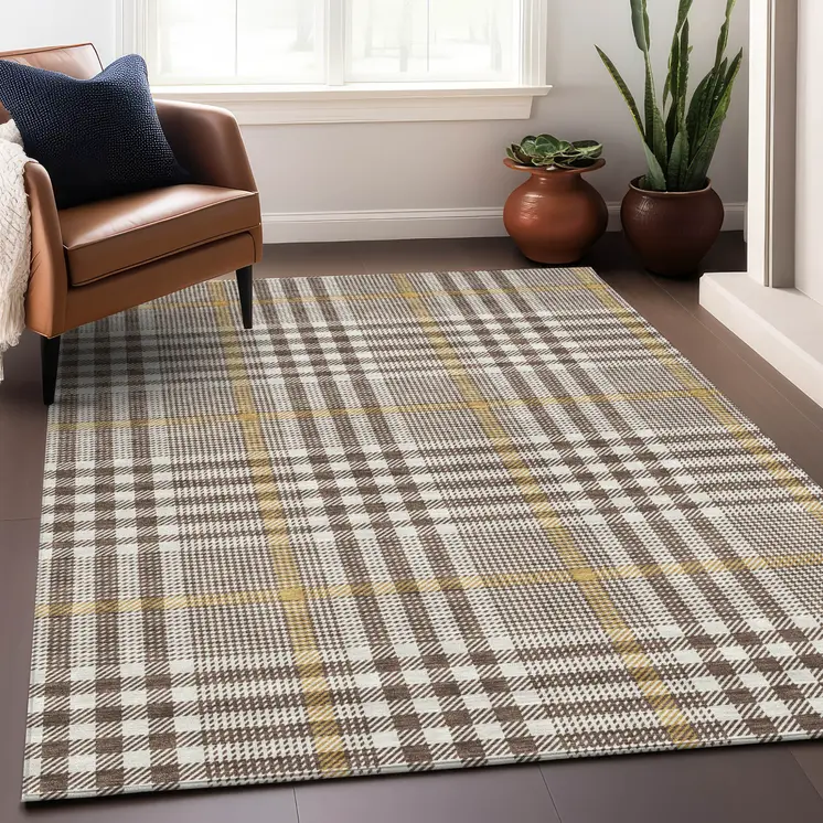 8' X 10' Brown And Beige Plaid Washable Indoor Outdoor Area Rug