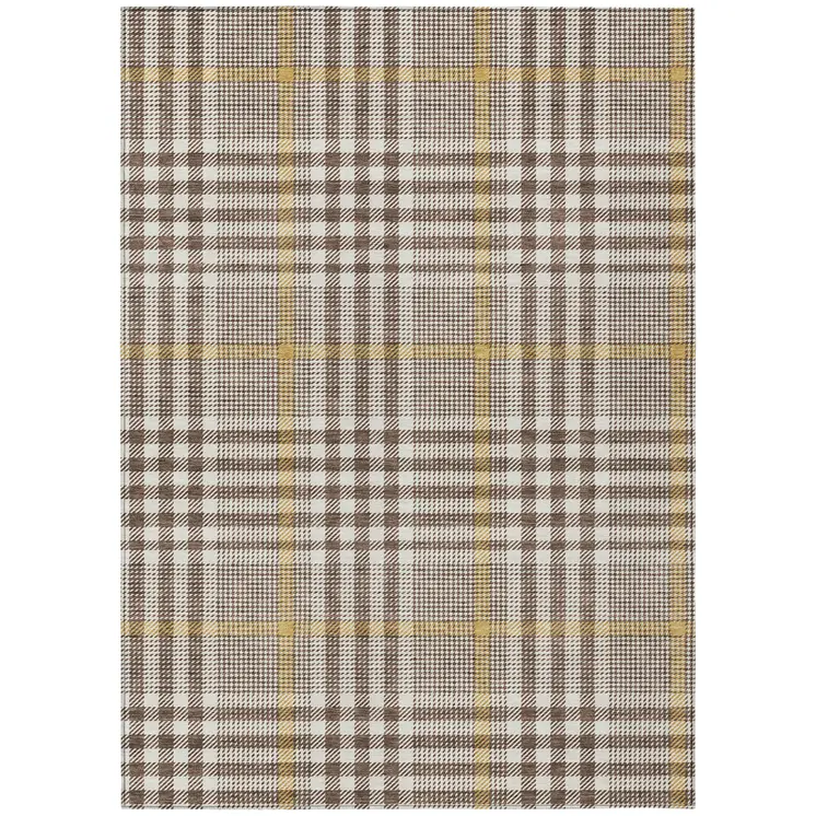 10' X 14' Brown And Beige Plaid Washable Indoor Outdoor Area Rug