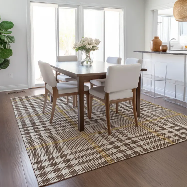10' X 14' Brown And Beige Plaid Washable Indoor Outdoor Area Rug