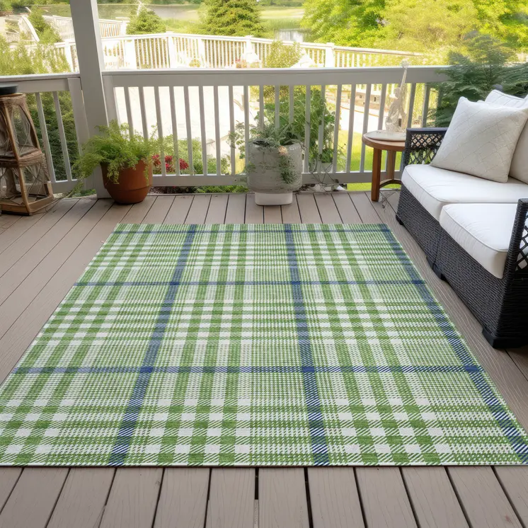 5' X 8' Green And Ivory Plaid Washable Indoor Outdoor Area Rug