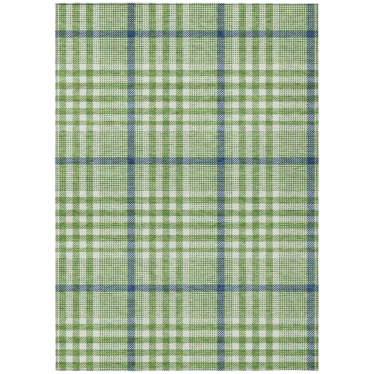5' X 8' Green And Ivory Plaid Washable Indoor Outdoor Area Rug