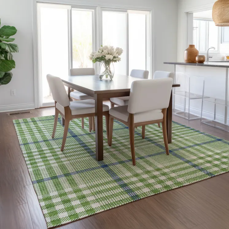 5' X 8' Green And Ivory Plaid Washable Indoor Outdoor Area Rug