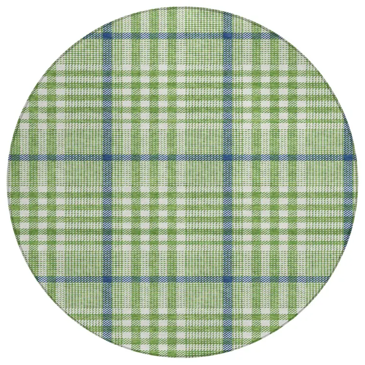 8' Green And Ivory Round Plaid Washable Indoor Outdoor Area Rug