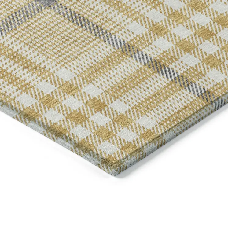 3' X 5' Gold Gray And Beige Plaid Washable Indoor Outdoor Area Rug