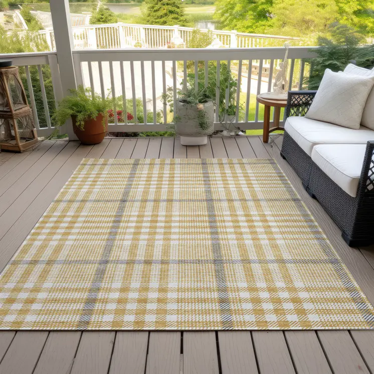 5' X 8' Gold Gray And Beige Plaid Washable Indoor Outdoor Area Rug