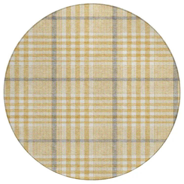 8' Gold Gray And Beige Round Plaid Washable Indoor Outdoor Area Rug
