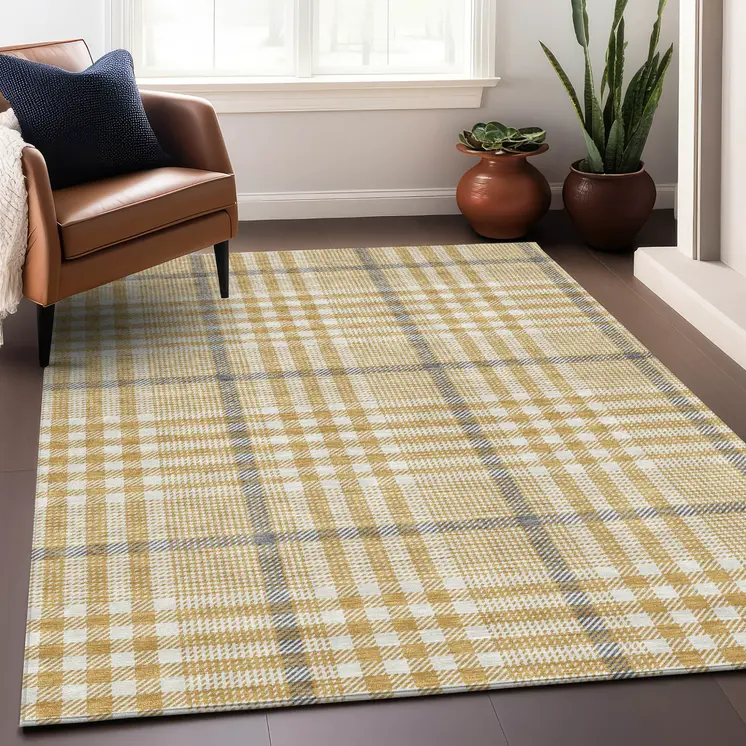 10' X 14' Gold Gray And Beige Plaid Washable Indoor Outdoor Area Rug