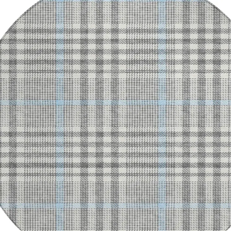 8' Gray Blue And Beige Round Plaid Washable Indoor Outdoor Area Rug