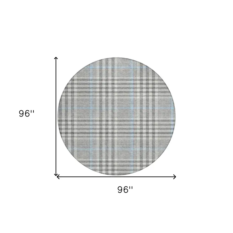 8' Gray Blue And Beige Round Plaid Washable Indoor Outdoor Area Rug