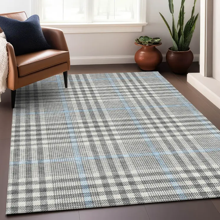 10' X 14' Gray Blue And Beige Plaid Washable Indoor Outdoor Area Rug