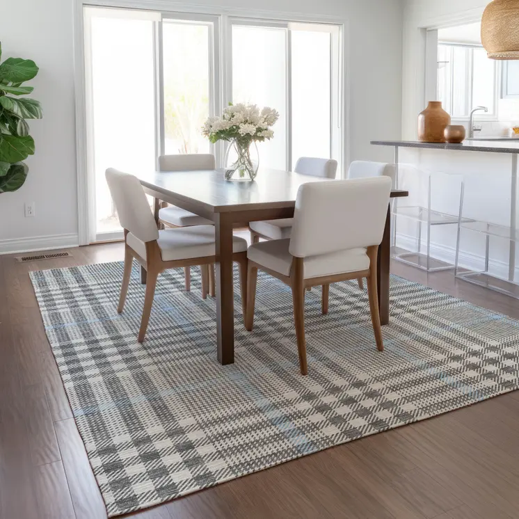 10' X 14' Gray Blue And Beige Plaid Washable Indoor Outdoor Area Rug