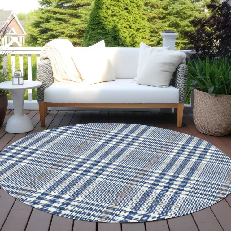 8' Navy Blue Ivory And Brown Round Plaid Washable Indoor Outdoor Area Rug